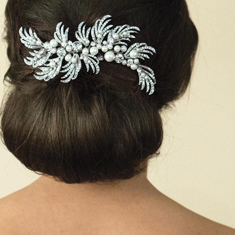 Rhodium Crystal and Pearl Statement Deco Inspired Hair Clip.