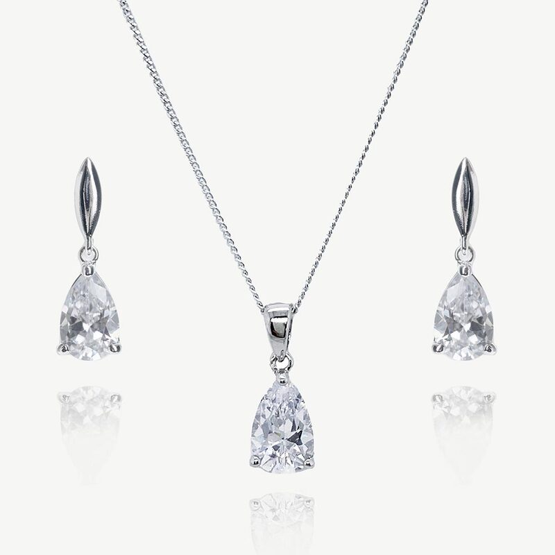 The Vestia Pendant set is a timeless classic made with a single pear cut stone.