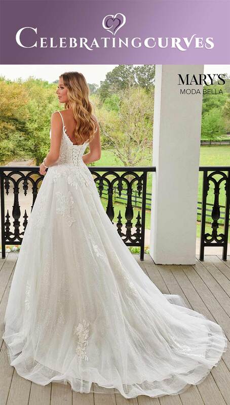 Wedding dress with applique and beading embellishment, beaded spaghetti straps, lace-up back closure, and chapel train
