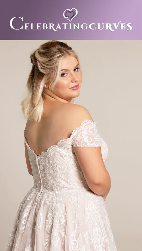 Curvy lace wedding dress for plus size bride shown from the back