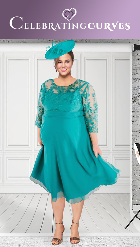 Wedding guest plus size dress shown in turquoise blue