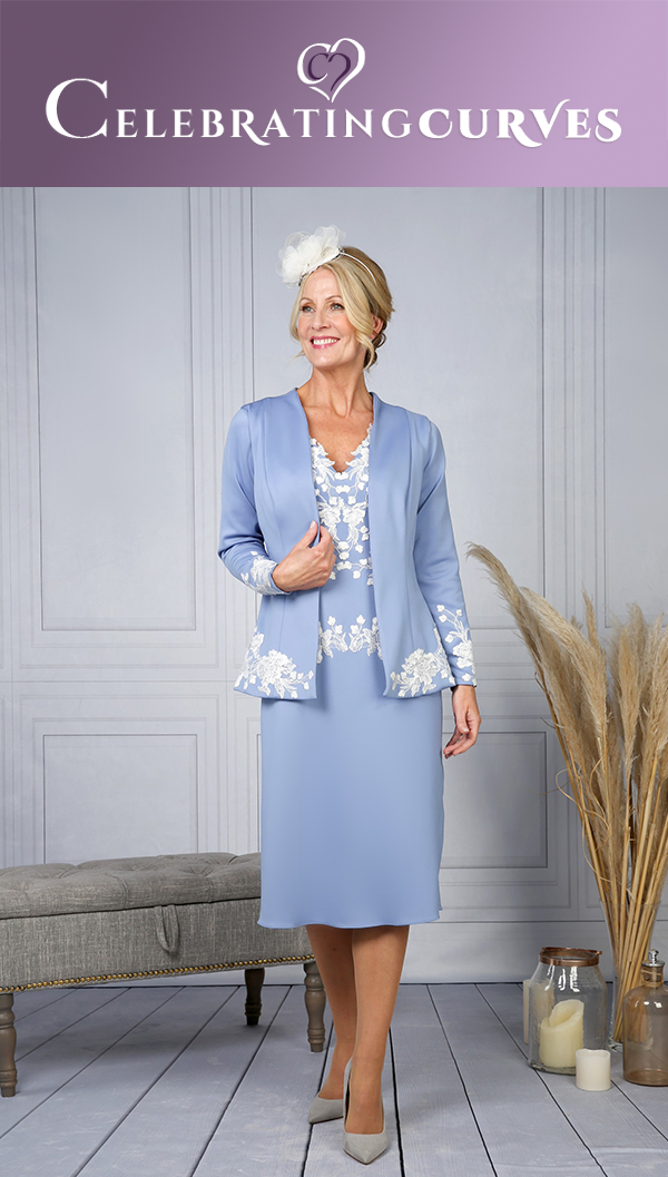 Wedding guest dress and jacket shown in blue