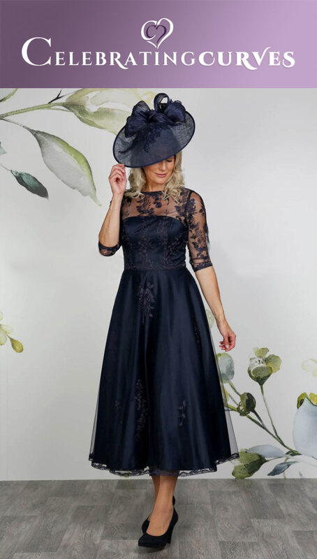 Wedding guest lace dress shown in navy blue