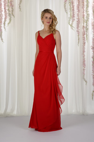 Red Apple chiffon bridesmaid dress with waterfall overlay from Richard Designs