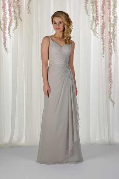 An elegant chiffon bridesmaids dress with staps from Richar Designs shown in Platinium Silver Grey