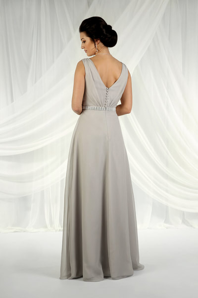 Flattering grey bridesmaids dress with v-neckline and crystal waistband detail