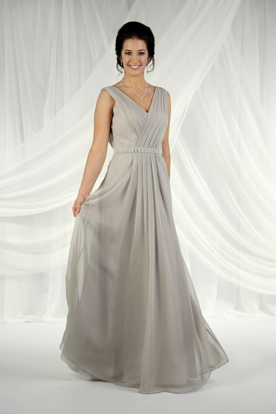 Flattering grey bridesmaids dress with v-neckline and crystal waistband detail from Richard Designs