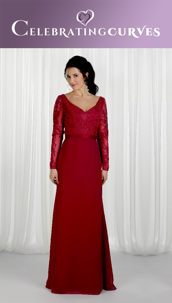 
Longsleeved chiffon bridesmaid gown with lace from Richard Designs shown in Plum Red