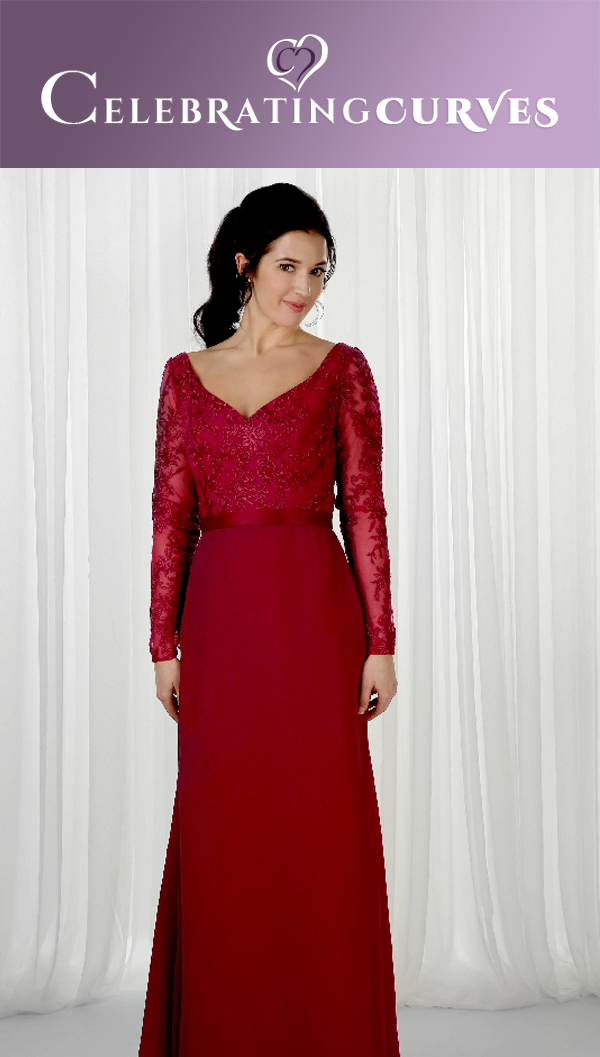 Chiffon and lace bridesmaid dress with sleeves from Richard Designs shown in Plum Red