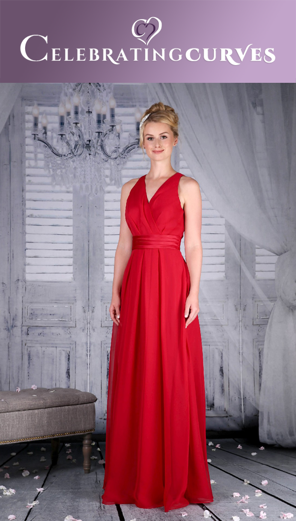 Richard Designs v-neck chiffon bridesmaid dress shown in Garnet Red